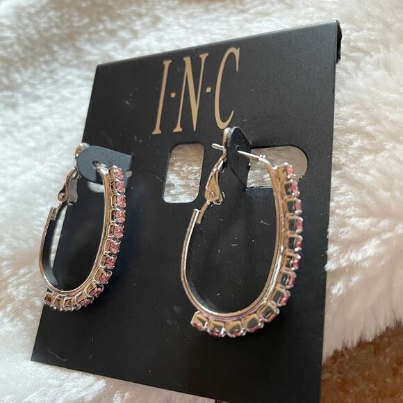 INC Huggie Earrings Silver Tone Pink Rhinestones New - Picture 1 of 6